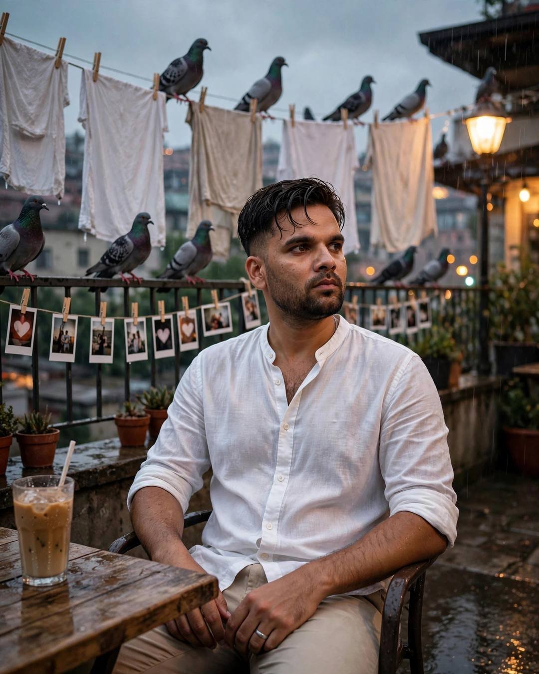 Man in white linen shirt seated on a rain-wet terrace with cold coffee, polaroids clipped on a line above, pigeons perched nearby