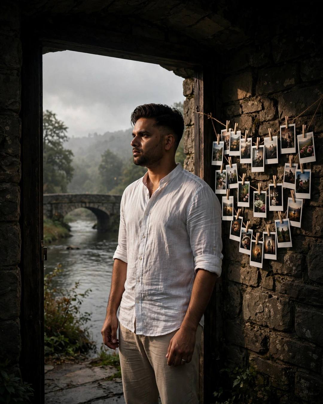 Man in white linen shirt standing half in shadow in a stone doorway, wall of polaroids beside him, misty river and bridge beyond