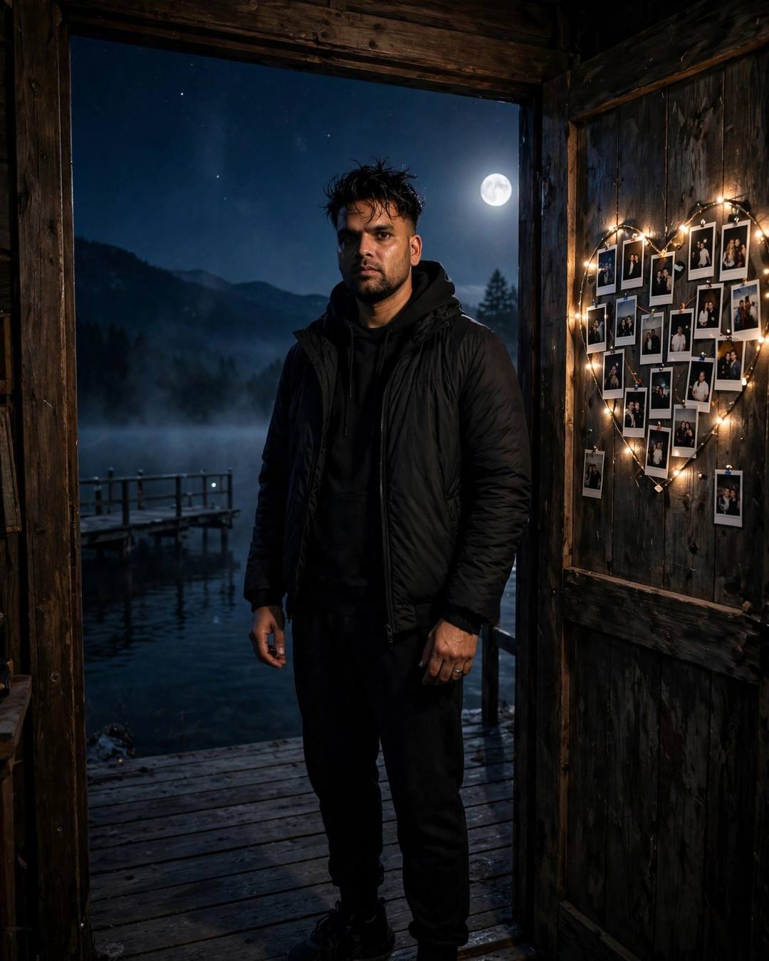 Man in all-black streetwear standing in a boathouse doorway at night, polaroids arranged in a glowing heart on the door, full moon over misty lake