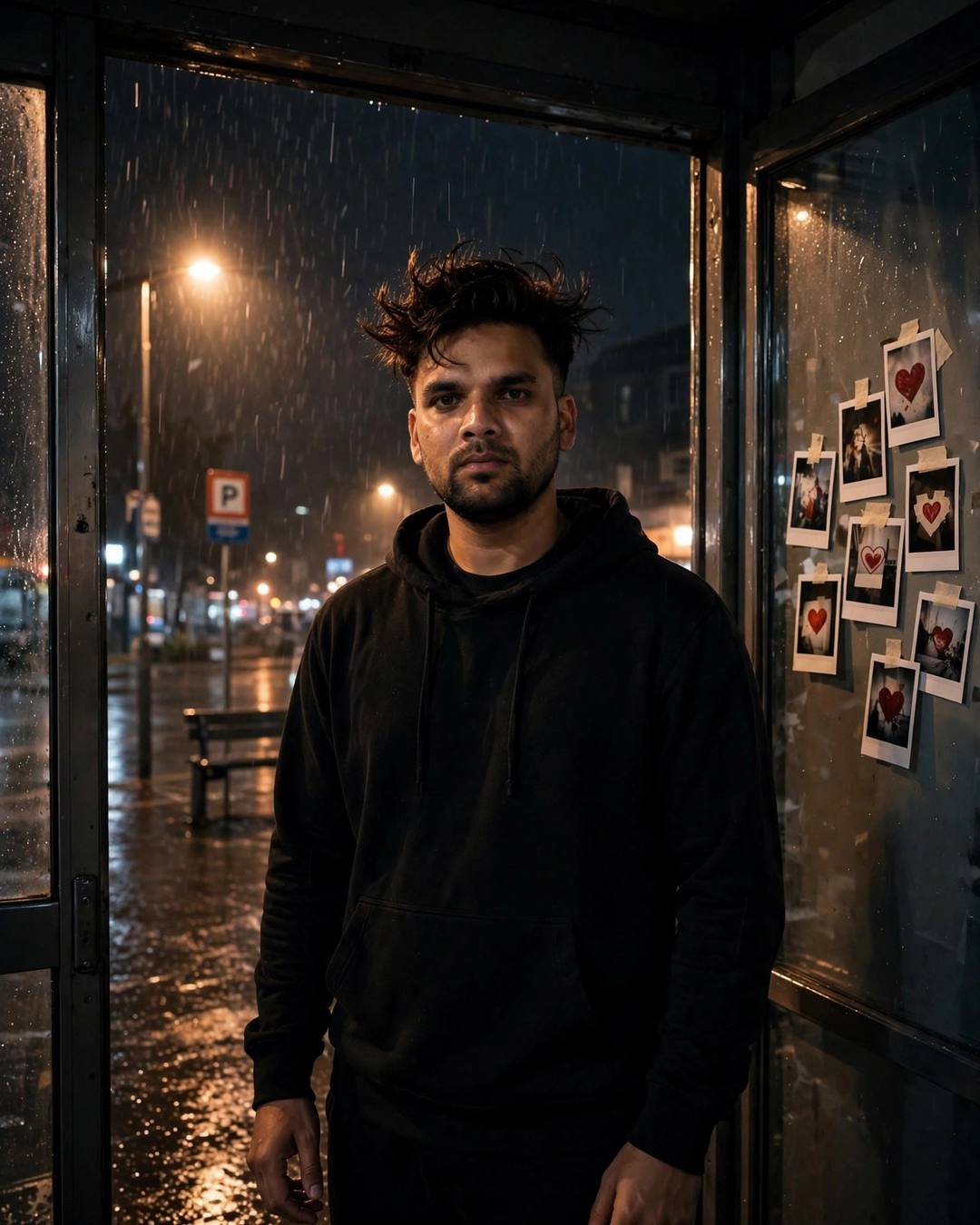 Man in plain black hoodie standing in a rainy bus shelter at midnight, polaroid hearts taped to the glass panel, sodium streetlamp glow