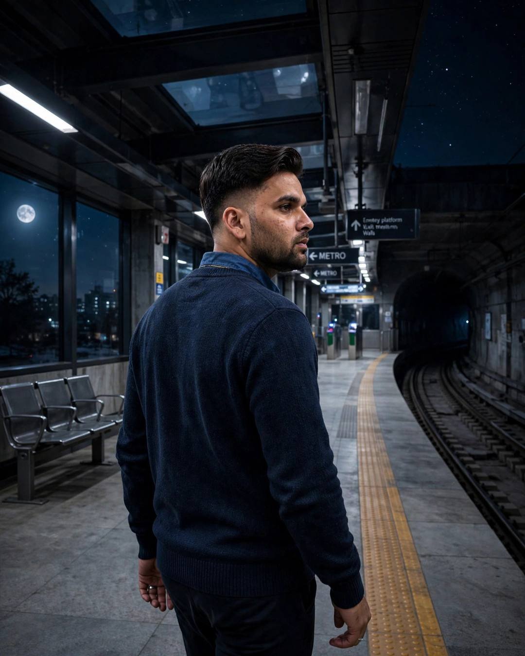 Young Indian man in navy sweater standing alone on a midnight metro platform under a full moon, looking down the empty tunnel