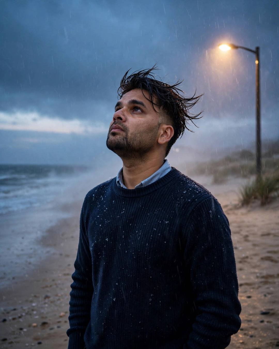 Young Indian man in navy sweater standing under a streetlamp in the rain on a deserted beach at dusk, face lifted to the sky
