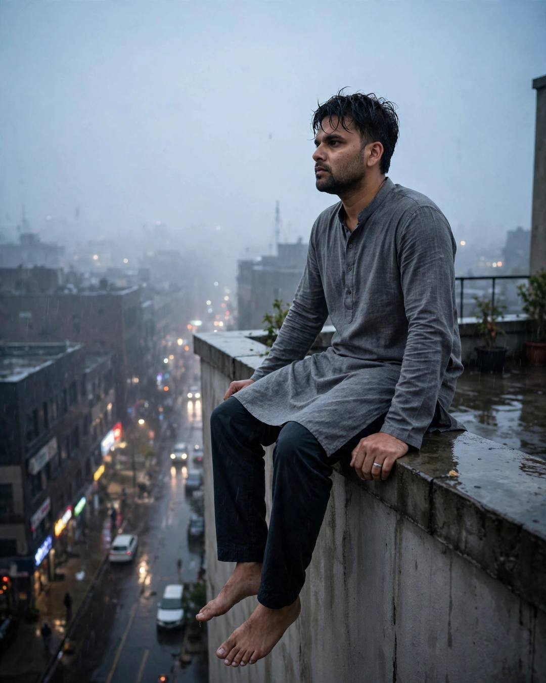 Young Indian man in grey kurta sitting on a rooftop ledge at night with legs dangling over a rain-soaked city street