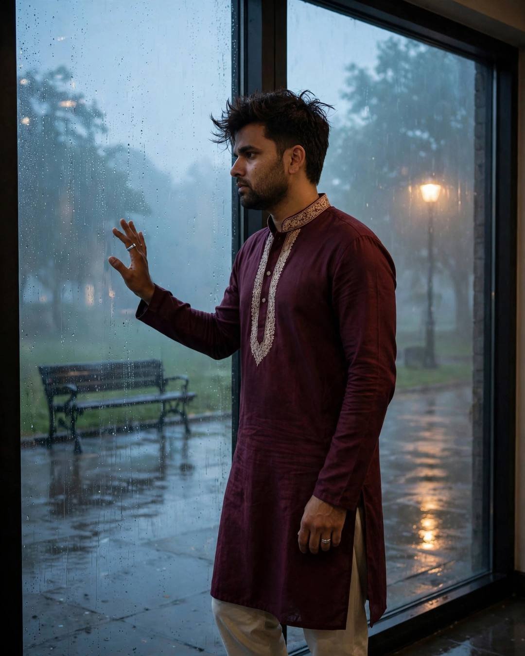 Young Indian man in maroon kurta standing at a rain-streaked window with hand on the glass, empty park bench under a lamp outside
