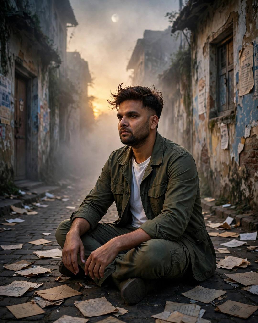 Young Indian man in olive field jacket sitting cross-legged in a foggy old-city lane among old letters at golden hour