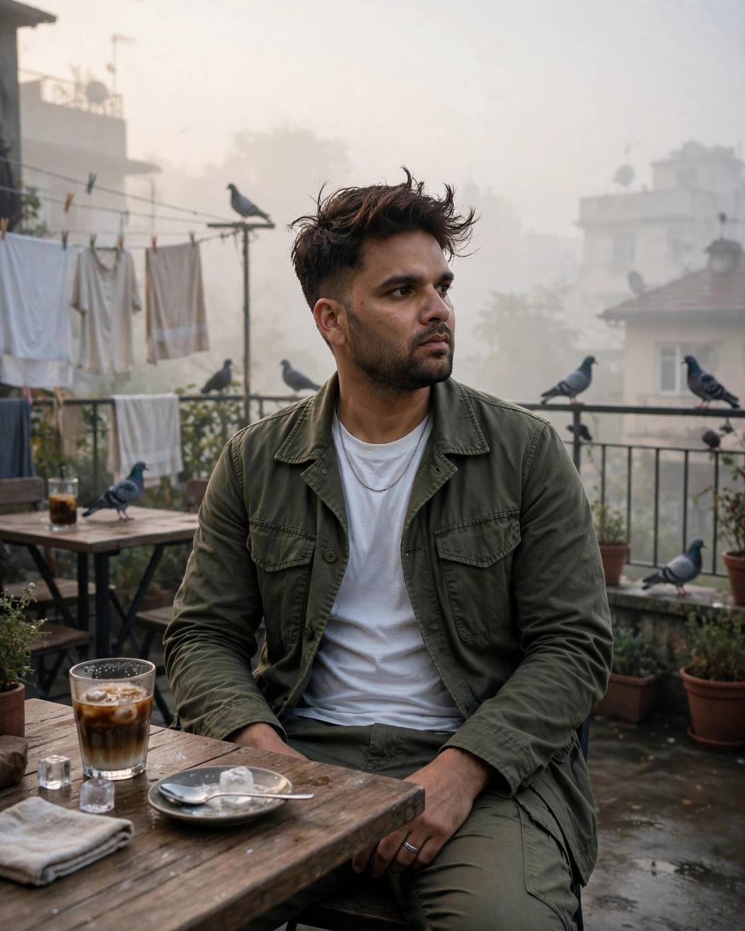 Man in olive field jacket seated at a foggy terrace cafe table with a glass of cold coffee, pigeons on railings, clothes lines behind