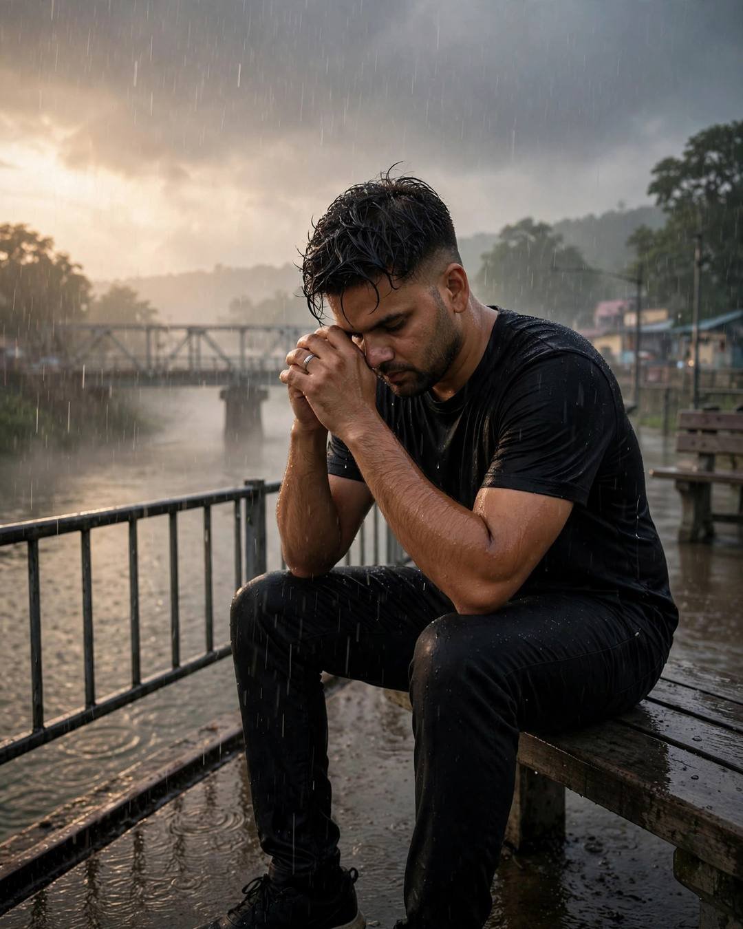 Man in plain black tee sitting on a station bench by a misty river in heavy monsoon rain, head in hands, bridge behind