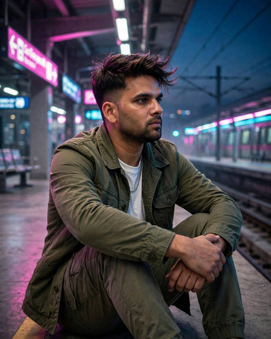 Man in olive field jacket sitting with knees drawn up on a midnight metro platform, neon pink and cyan light spilling across the tracks