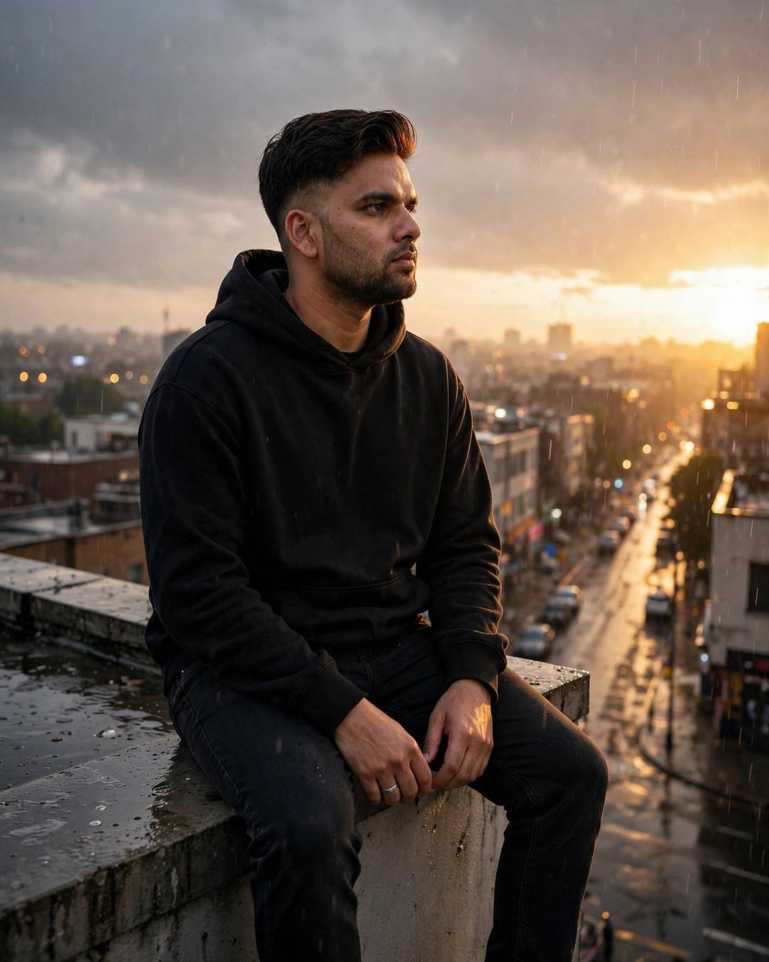 Man in black oversized hoodie seated on a rooftop ledge over a rain-soaked city street, profile turned to golden-hour light breaking through storm clouds