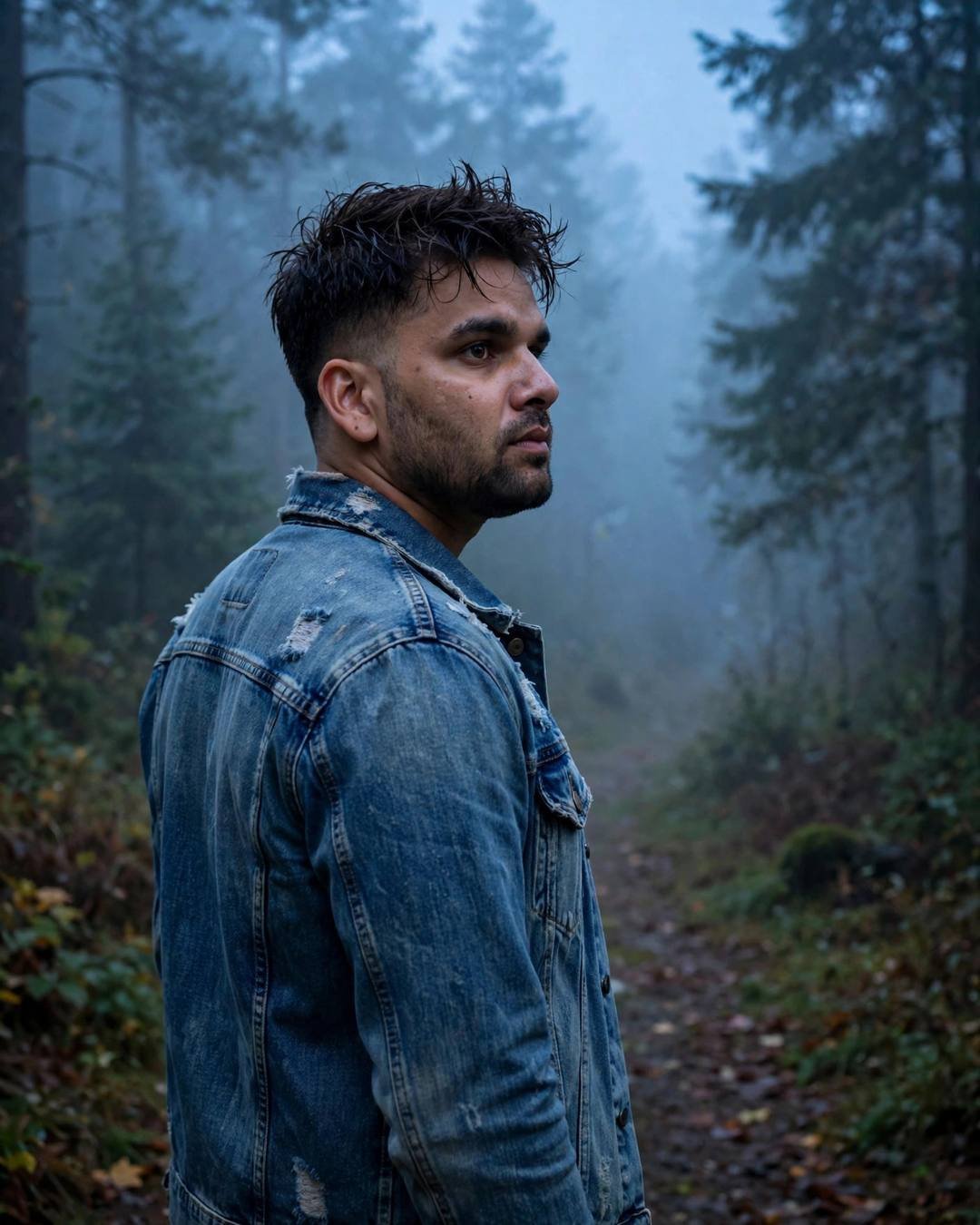 Man in distressed denim jacket standing on a misty forest path at blue hour, back to camera, looking over his shoulder into the fog