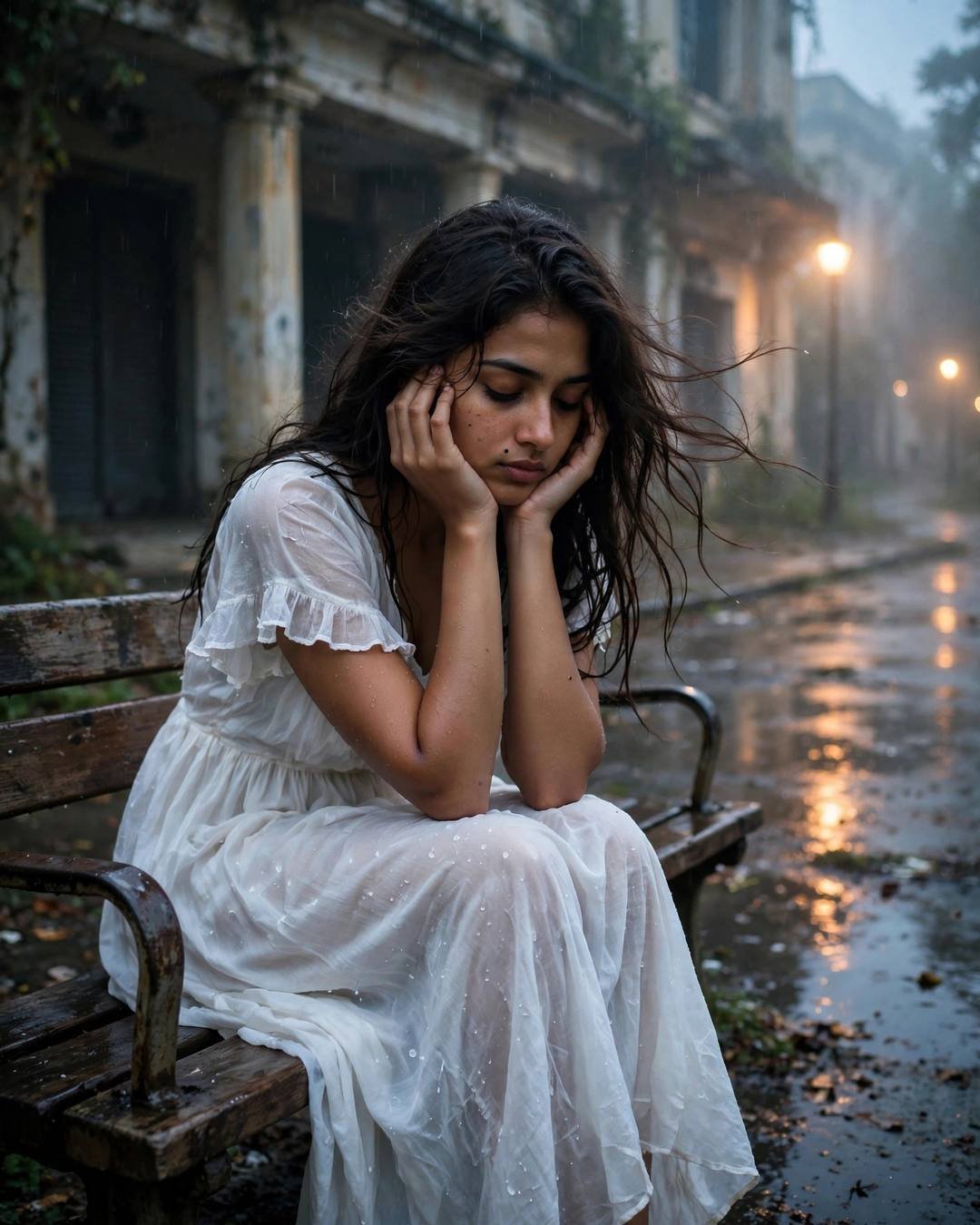 Young woman in flowing white summer dress sitting on a station bench by an abandoned cinema hall, head in hands, wet streets glowing with lamplight
