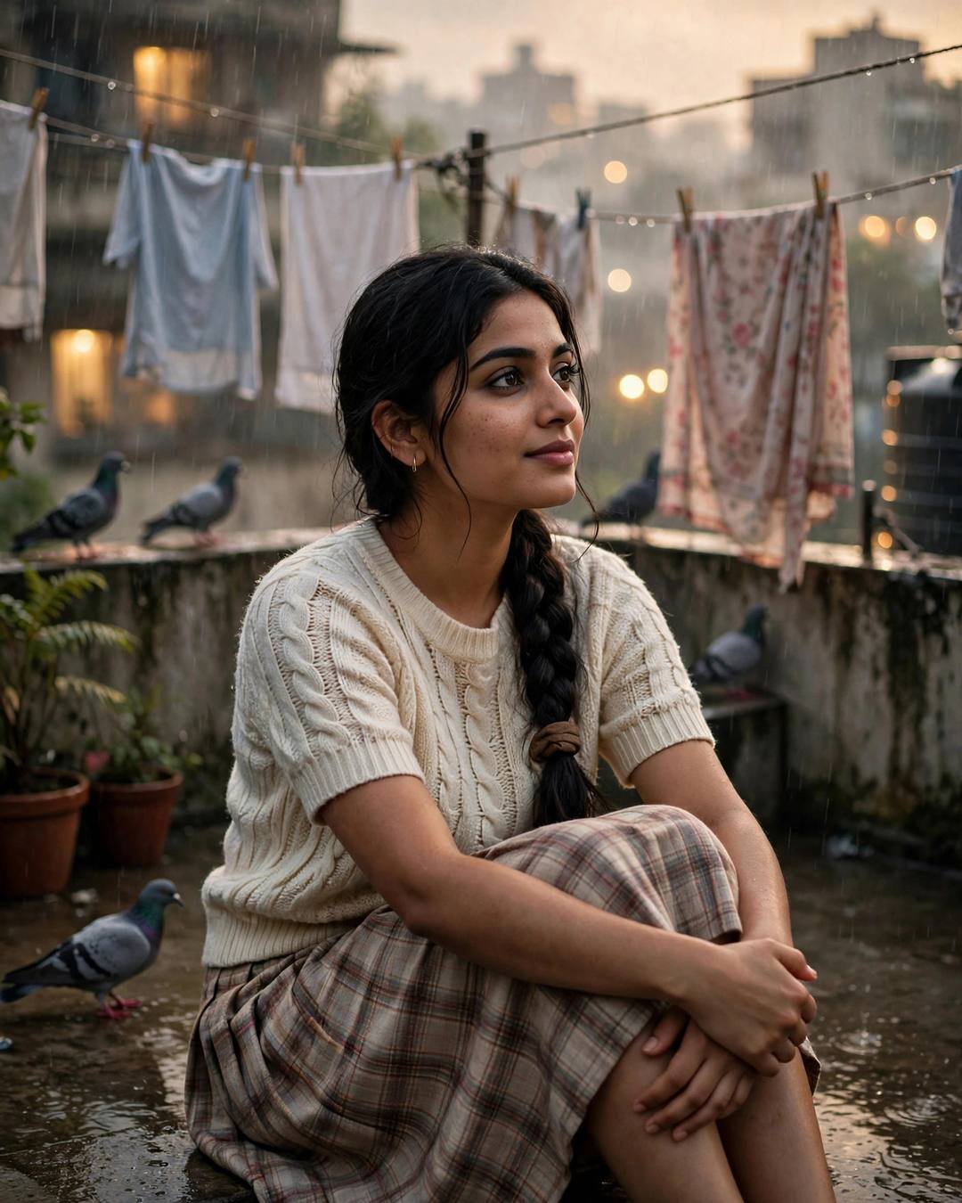 Young woman in cream knit top and plaid skirt sitting with knees drawn up on a monsoon-wet terrace, long braid, pigeons and clothes lines around her