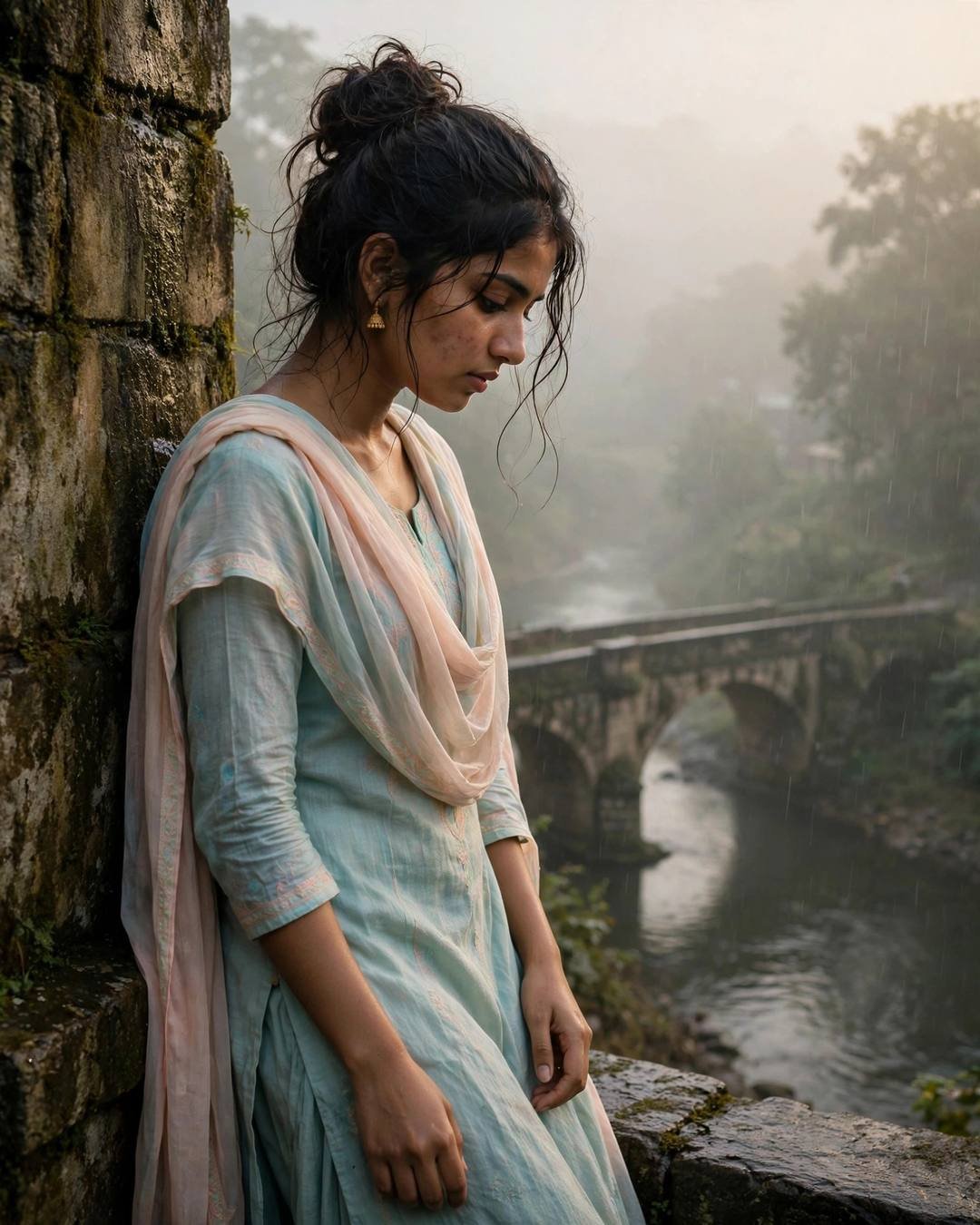 Young woman in pastel salwar-kameez with dupatta leaning against a mossy stone wall by a slow river, messy bun, drizzle, old stone bridge behind