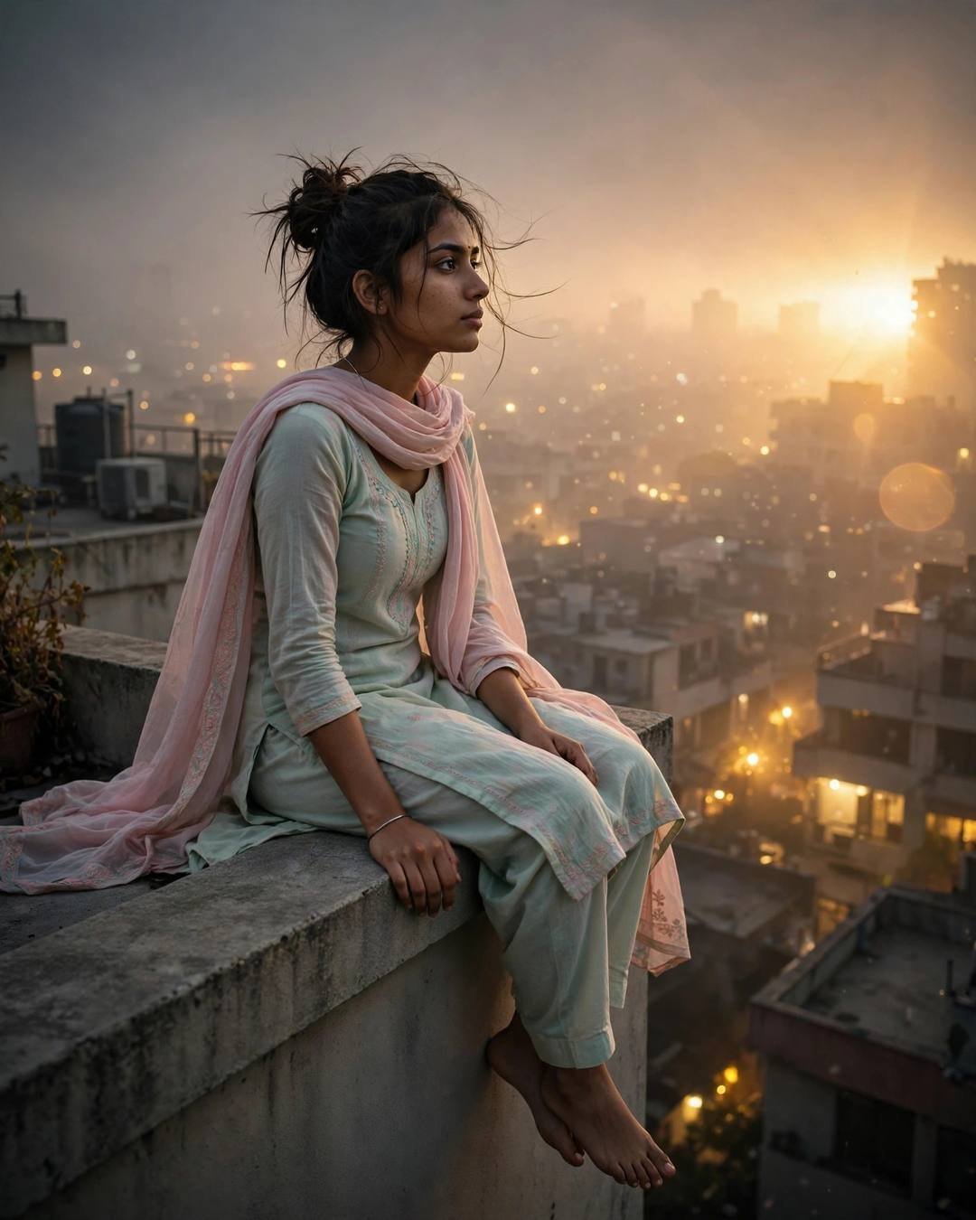 Young woman in pastel salwar-kameez with dupatta sitting on a rooftop ledge over sleeping city lights, messy bun, bare feet dangling, golden-hour flare