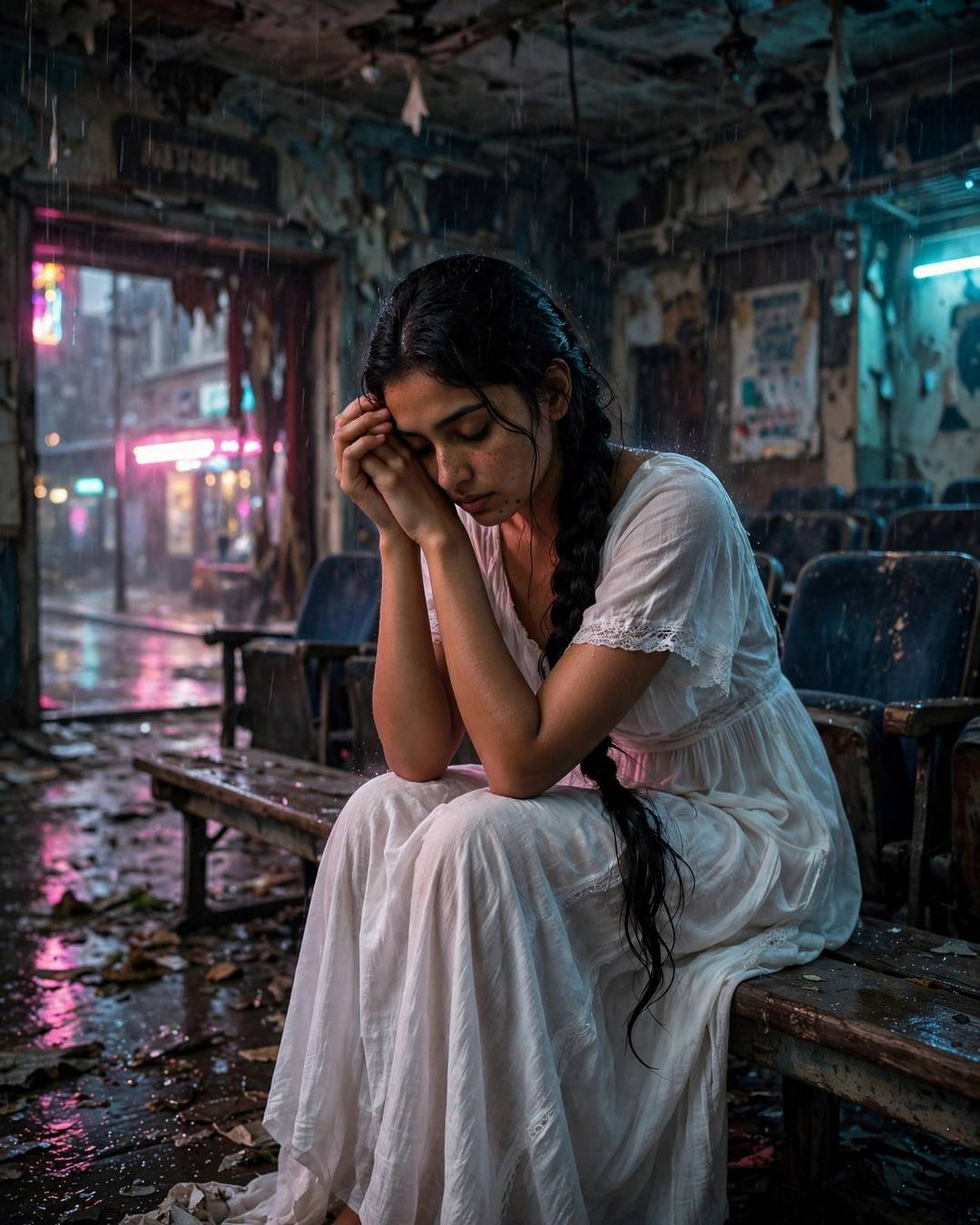 Young woman in flowing white summer dress sitting inside an abandoned cinema hall in light rain, head in hands, neon pink and cyan spilling through the broken entrance