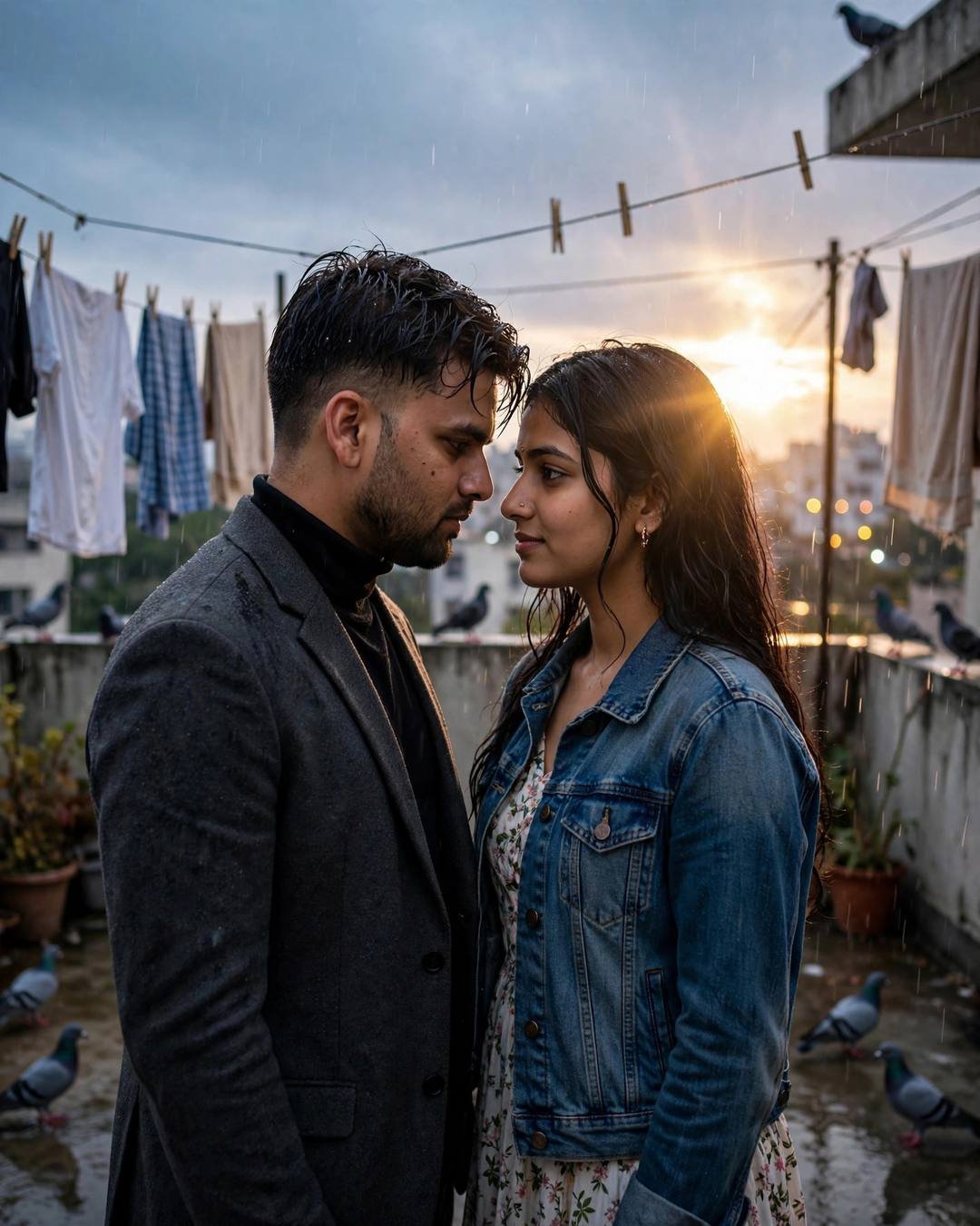 Photorealistic cinematic AI portrait of a young couple on a rainy terrace at golden backlight