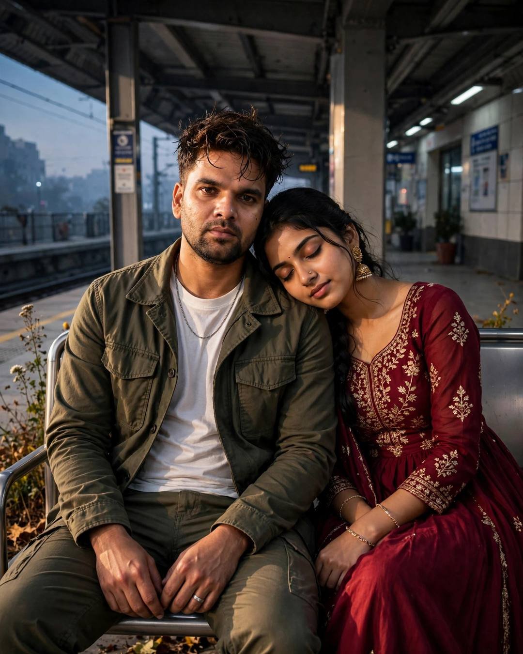 Photorealistic cinematic AI portrait of a young couple resting on a metro station bench