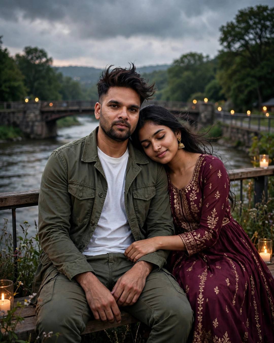 Photorealistic cinematic AI portrait of a young couple on a riverside bench in candlelight