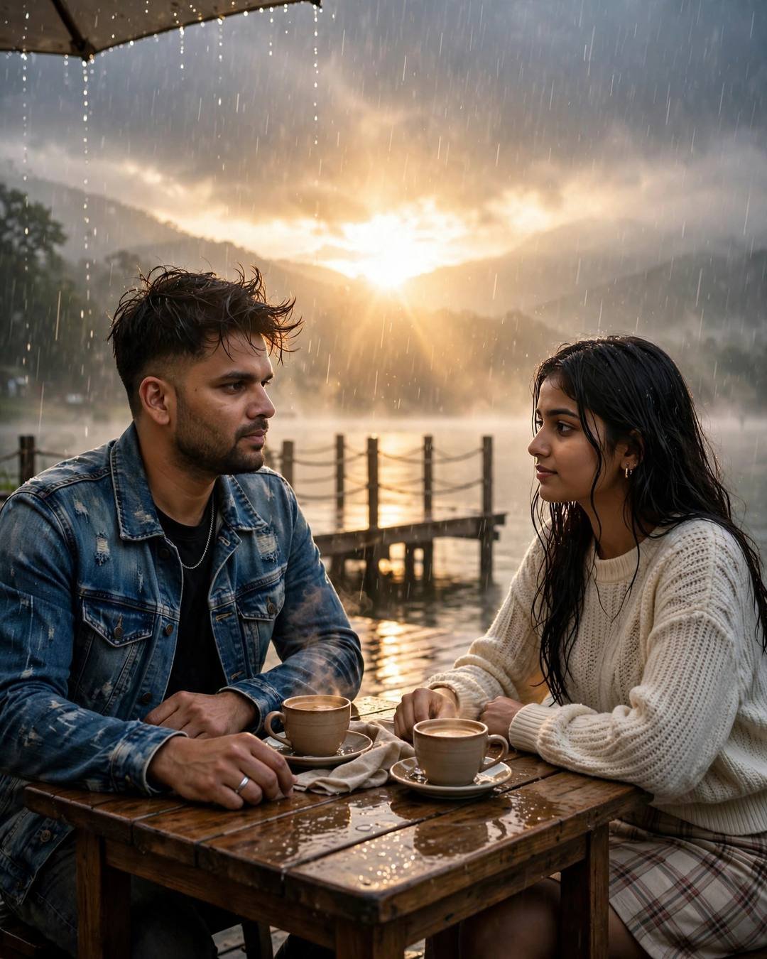 Photorealistic cinematic AI portrait of a young couple at a rainy lakeside cafe at golden backlight