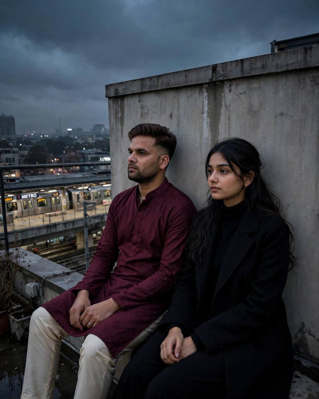 Couple sitting silently on a rooftop above a metro station at midnight