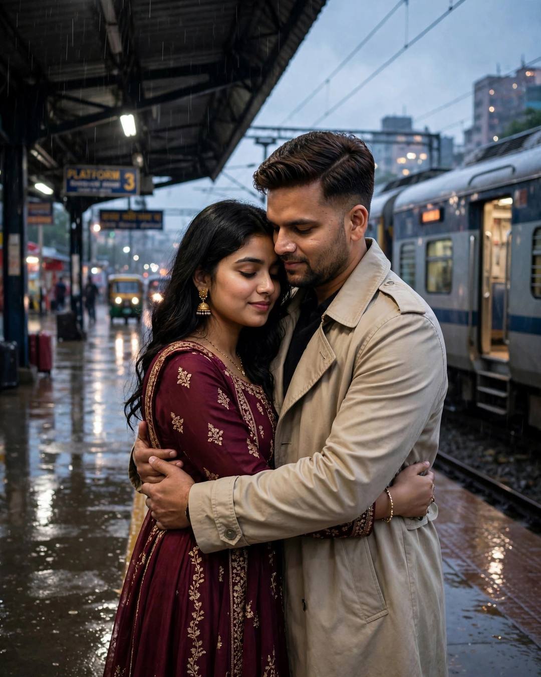 Couple embracing on a rainy railway platform at blue hour