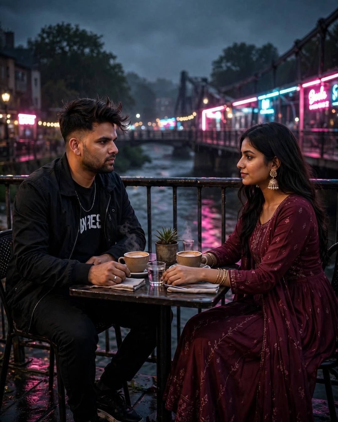 Couple sharing coffee on a riverside deck at midnight under neon lights