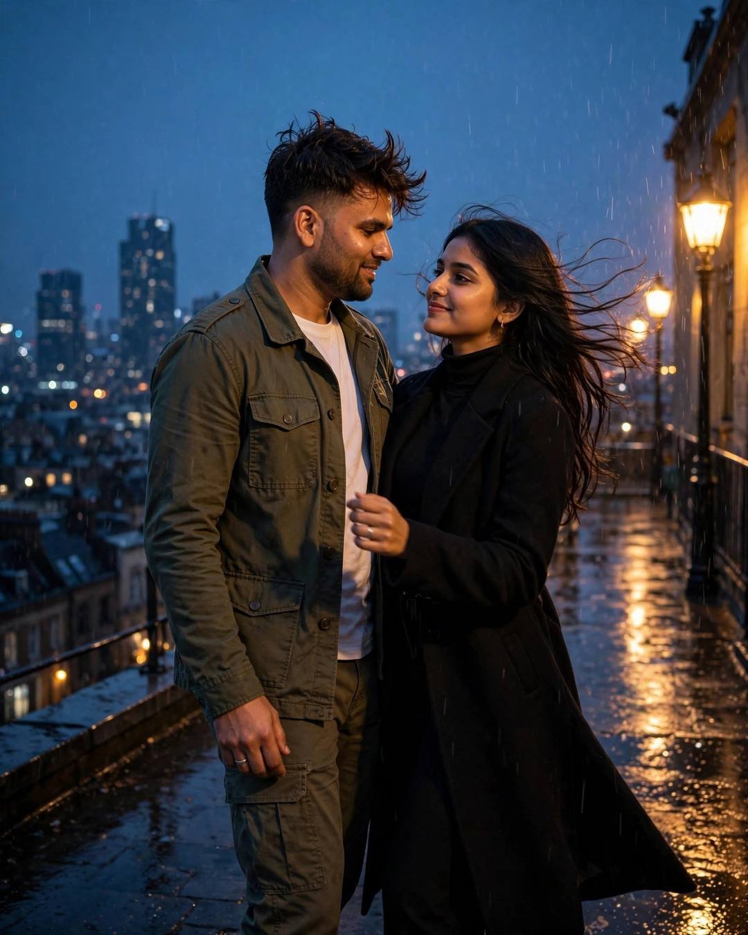 Couple standing close on a rainy rooftop terrace at blue hour