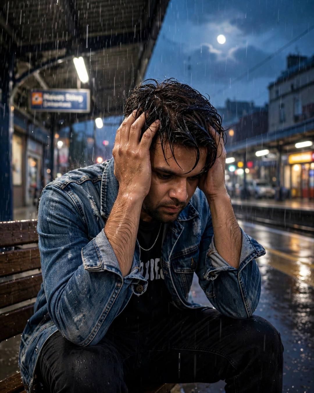 Young Indian man in denim jacket sitting with head in hands on a rainy moonlit station bench
