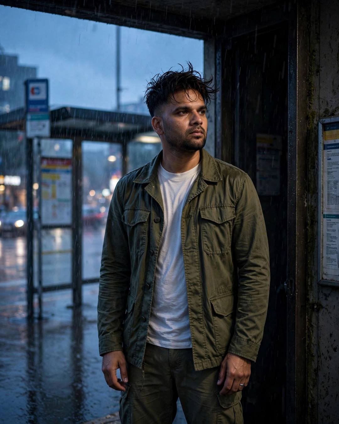 Young Indian man in olive field jacket standing in a rainy bus stop shelter at blue hour