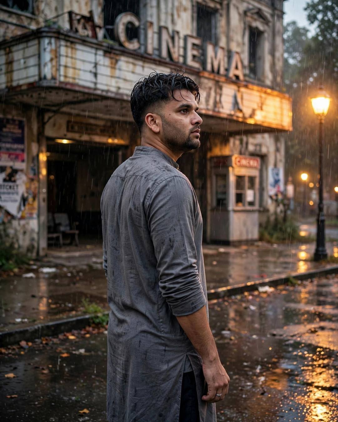 Young Indian man in grey kurta turning over his shoulder before a glowing abandoned cinema in the rain