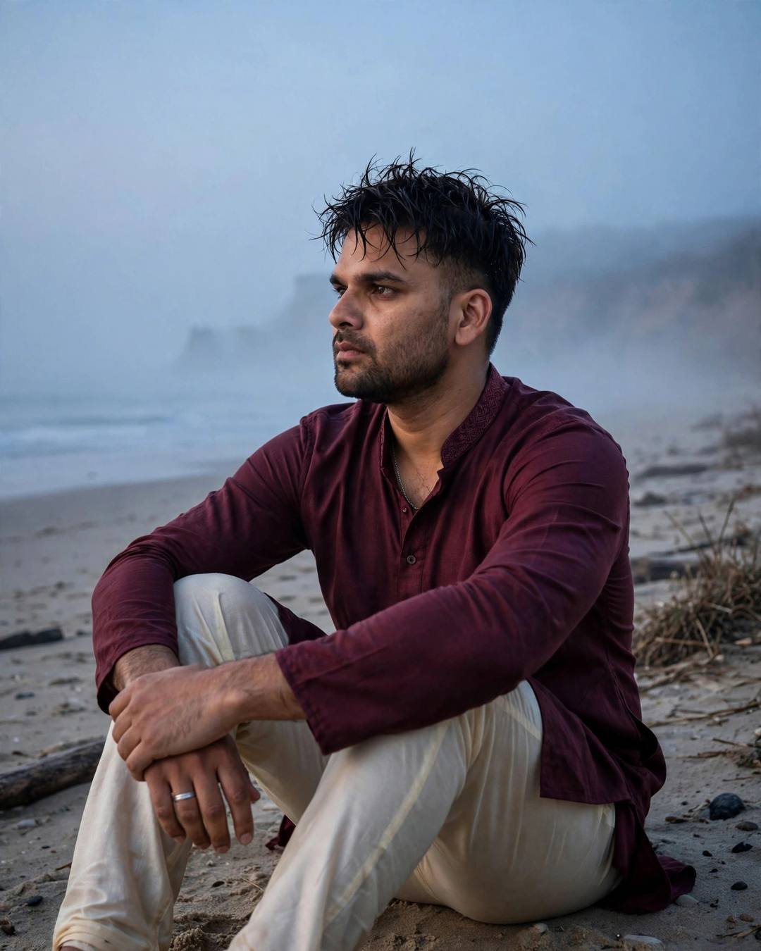 Young Indian man in maroon kurta sitting with knees drawn up on a foggy beach at dusk