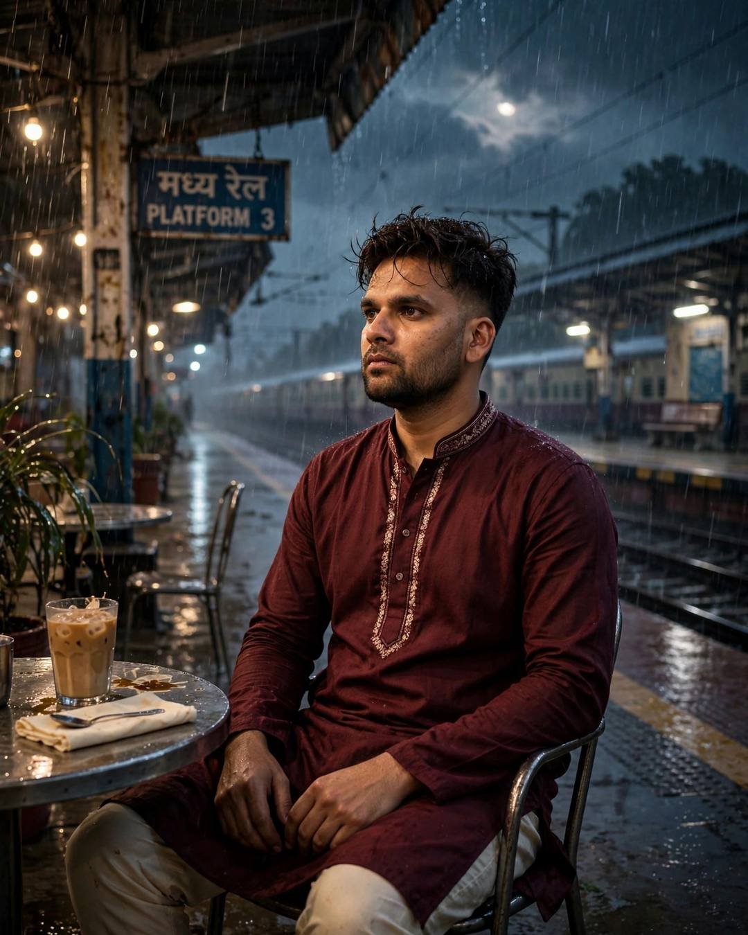 Young Indian man in maroon kurta sitting at a rainy railway platform cafe table at night with a cold coffee