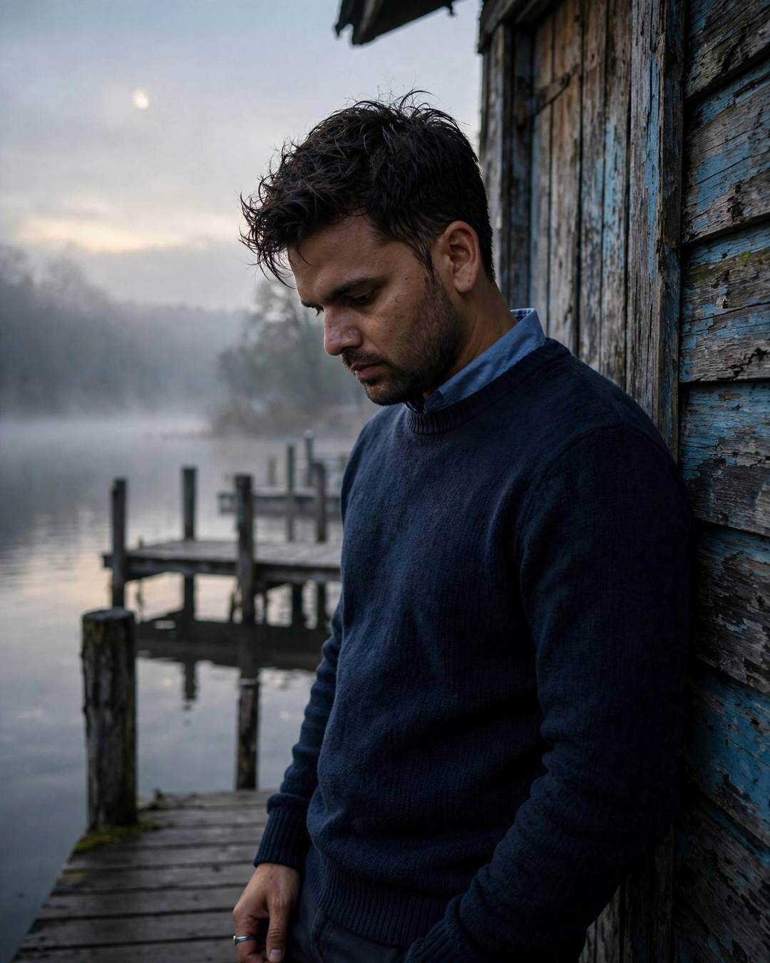 Photorealistic cinematic AI portrait of a young man in a navy sweater leaning on a misty lake pier at dawn