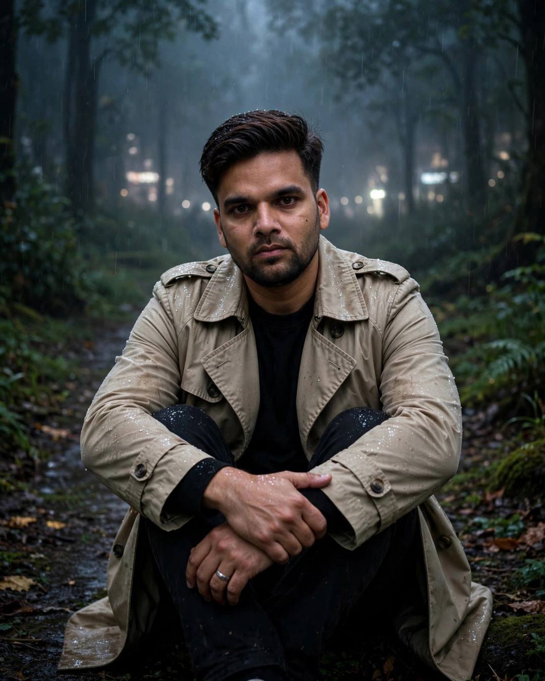 Photorealistic cinematic AI portrait of a young man in a beige trench coat seated on a misty forest path at night
