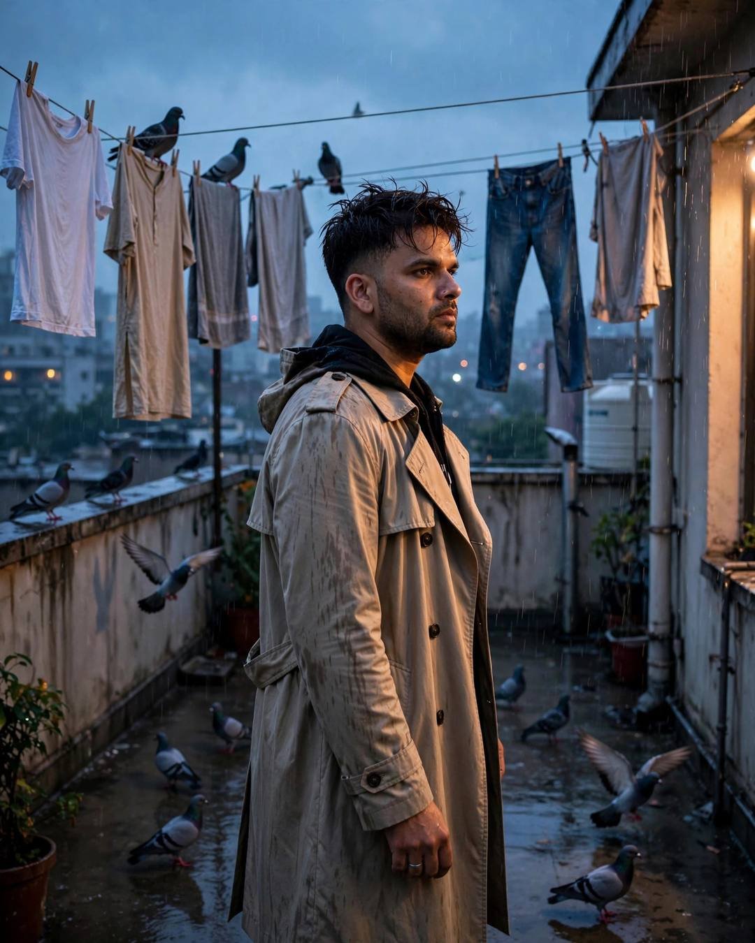 Photorealistic cinematic AI portrait of a young man in a beige trench coat walking on a rainy terrace at dusk