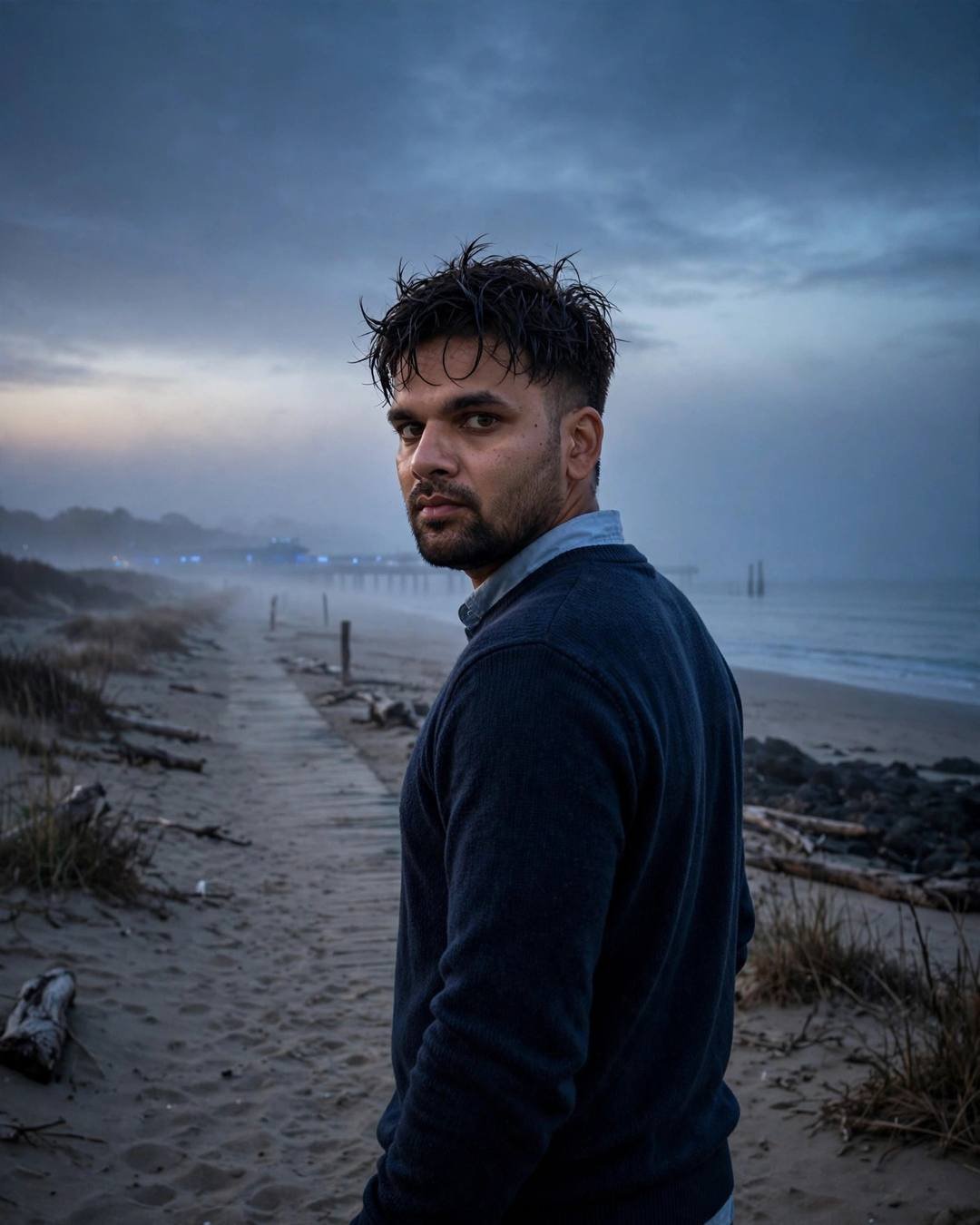 Photorealistic cinematic AI portrait of a young man in a navy sweater walking on a foggy beach at dusk
