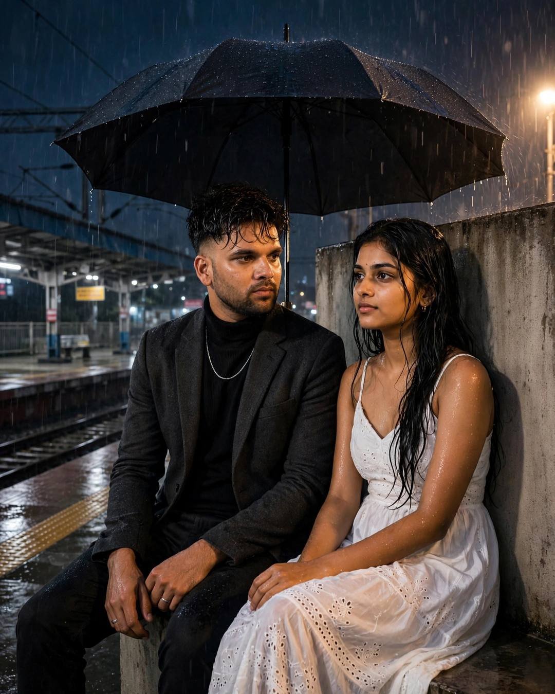 Couple sharing one umbrella on a rainy railway platform at night