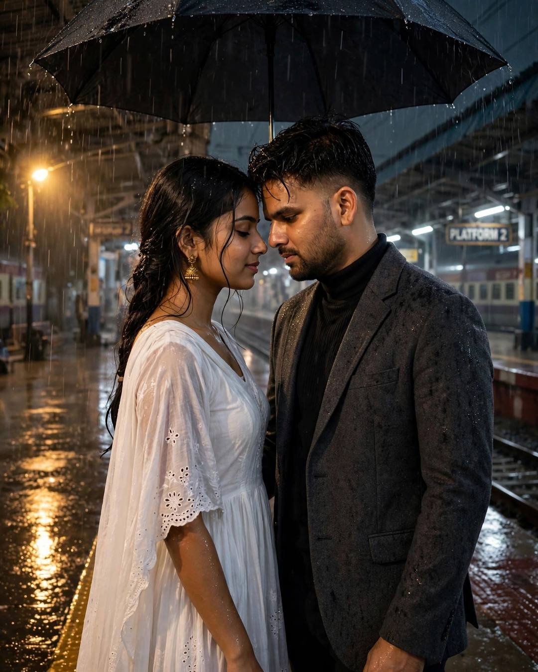 Couple standing face to face under one umbrella on a rainy platform at night