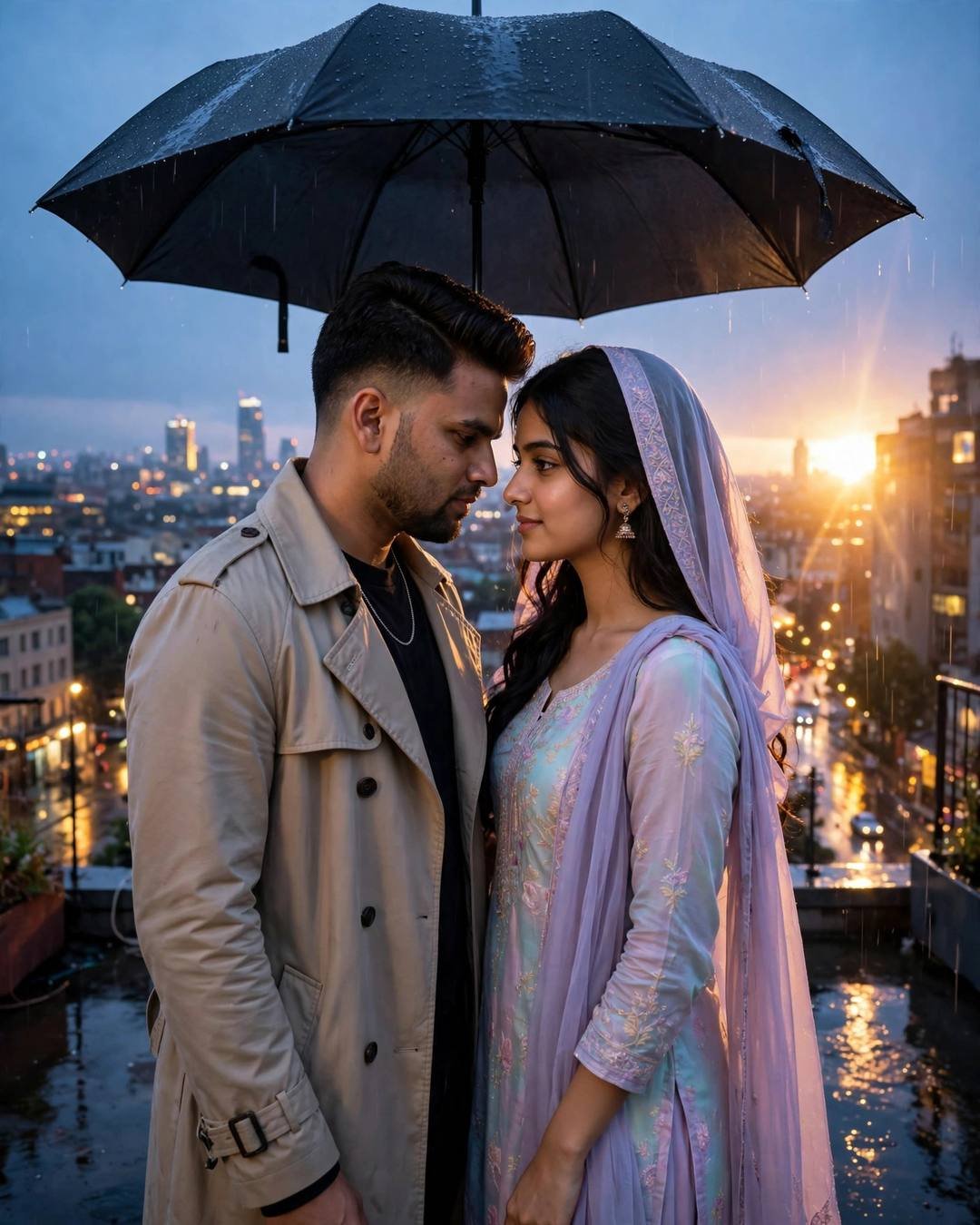 Couple under one umbrella on a rooftop at sunset, city lights behind