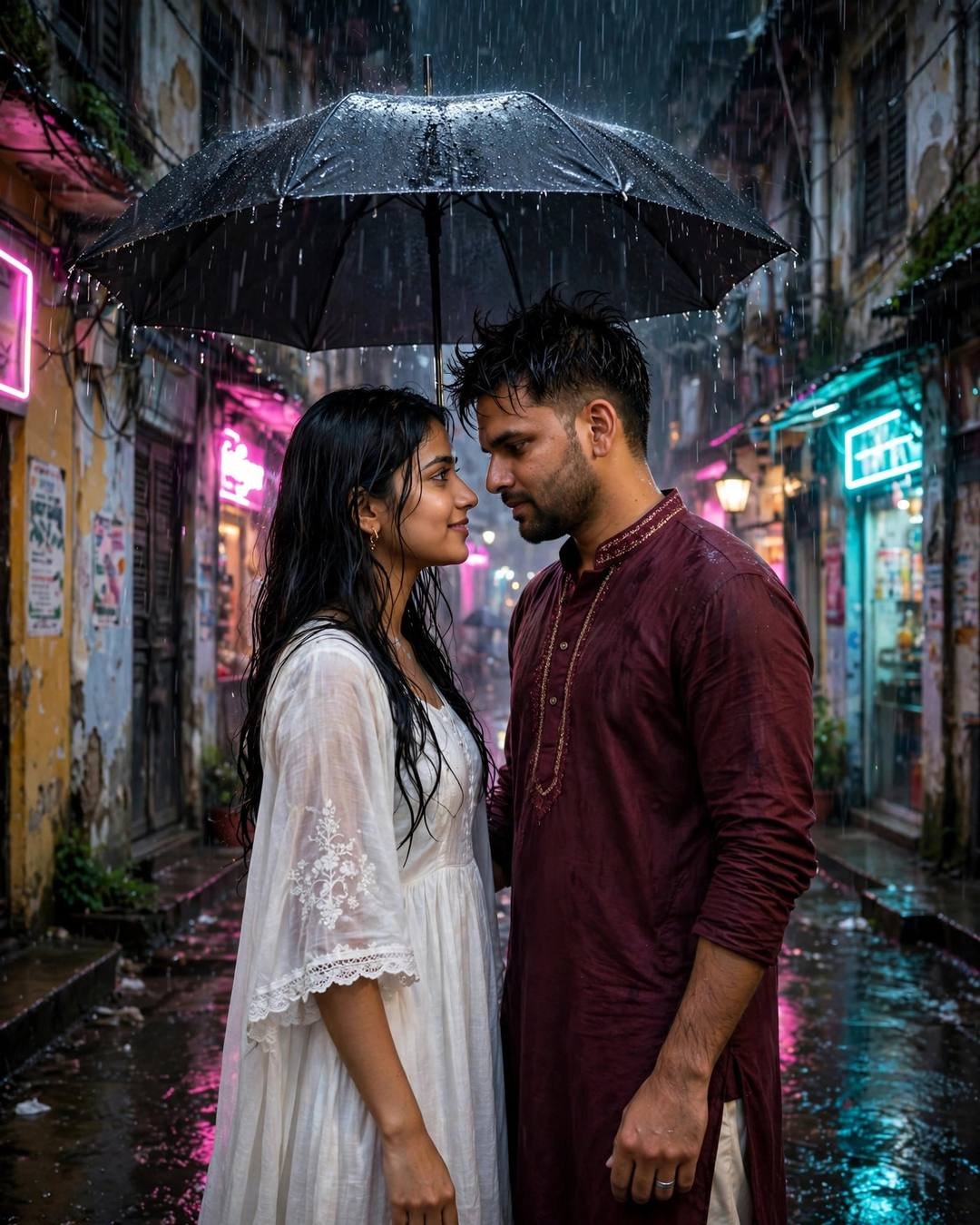Couple under umbrella in a neon-lit old city lane at midnight in the rain