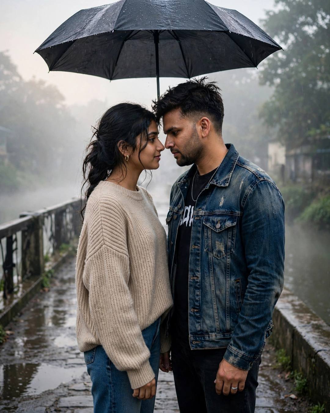 Couple under one umbrella on a foggy bridge at dawn