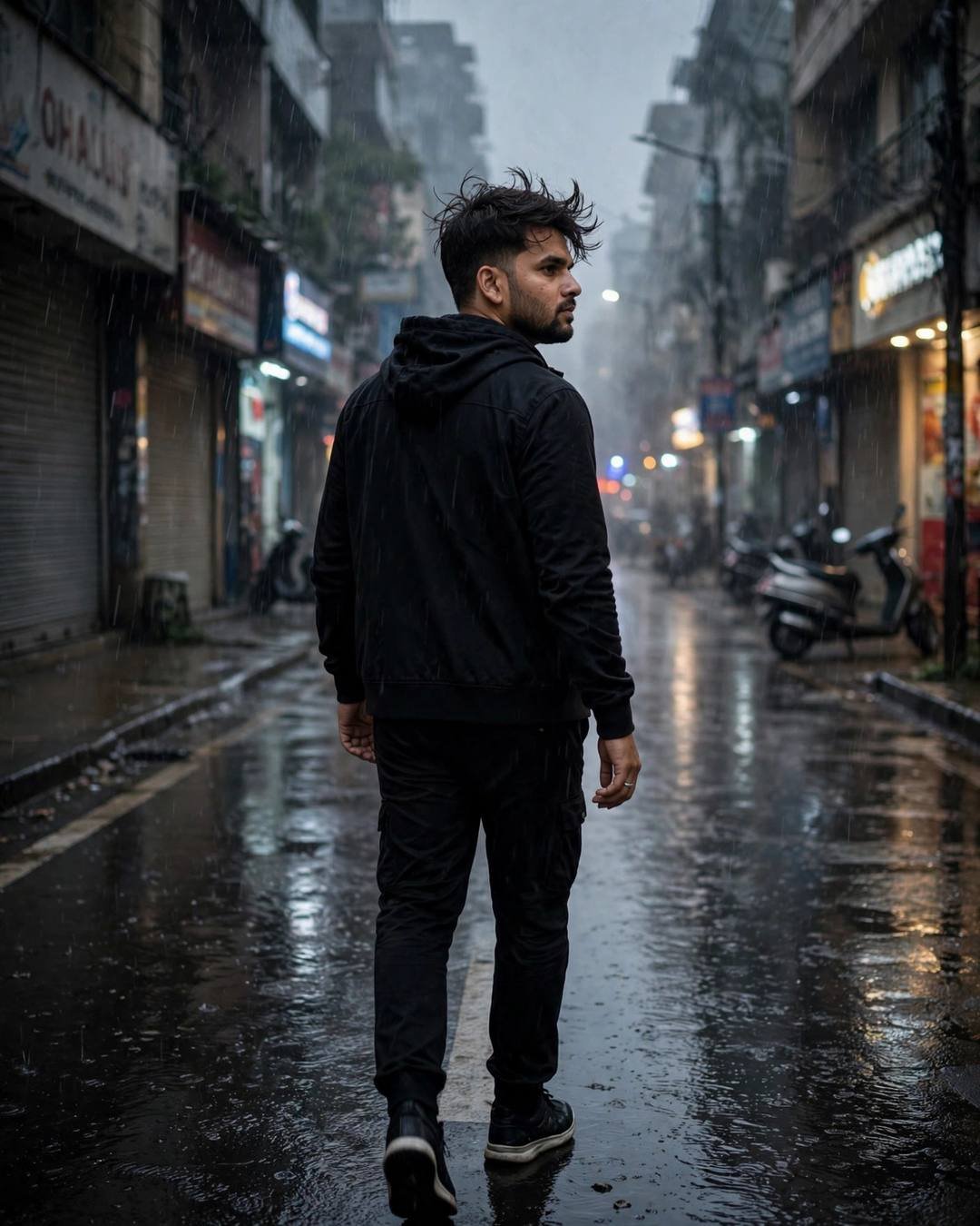 Man in all-black streetwear walking down a rain-soaked street at midnight