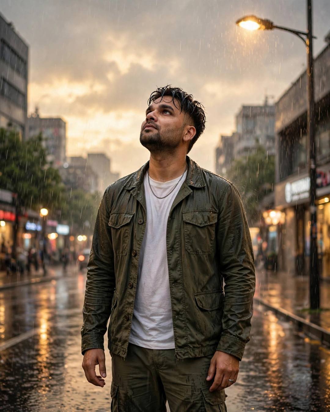 Man in olive field jacket standing under a streetlamp, face lifted to the rain