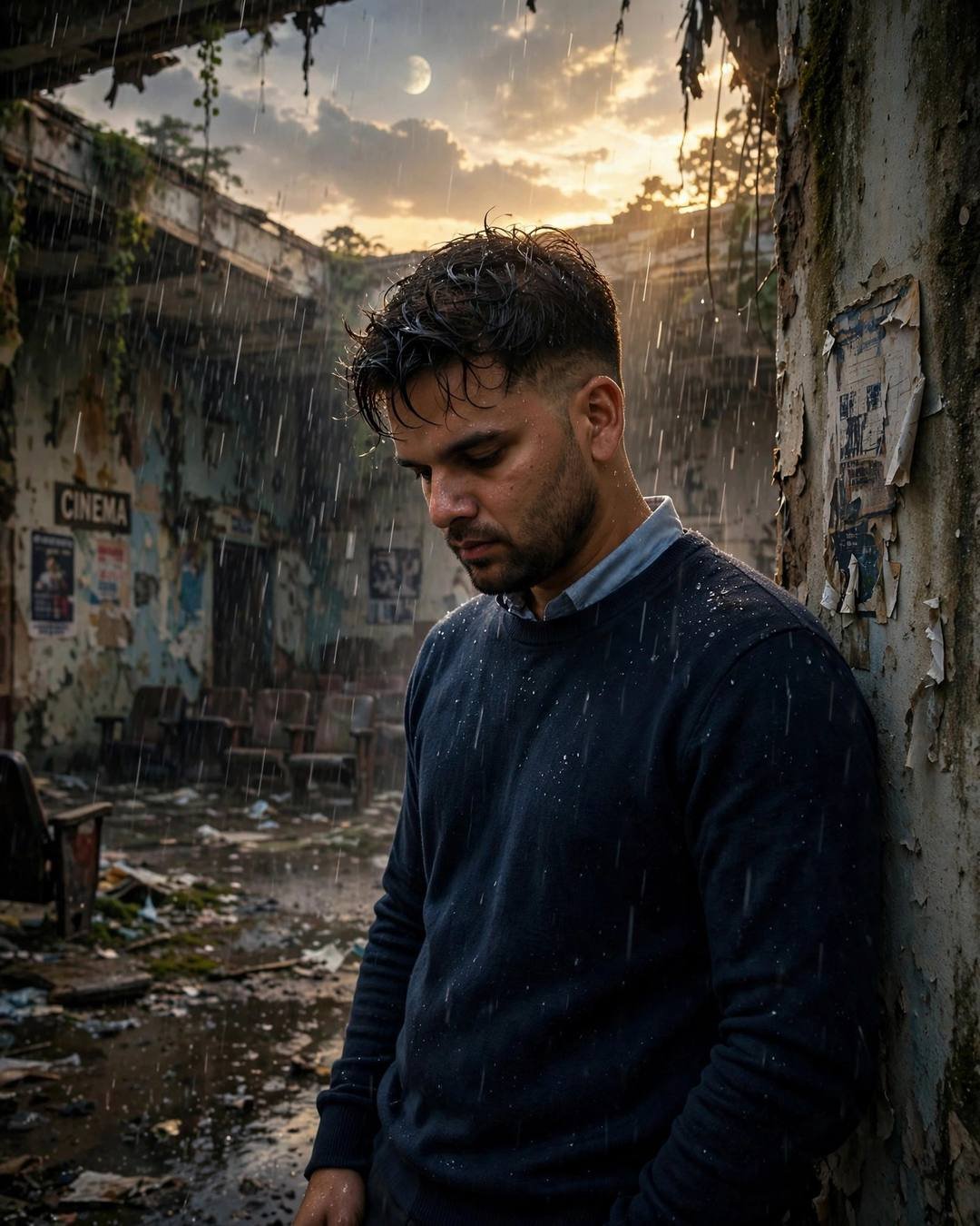 Man in navy sweater leaning on a pillar in an abandoned rain-flooded cinema
