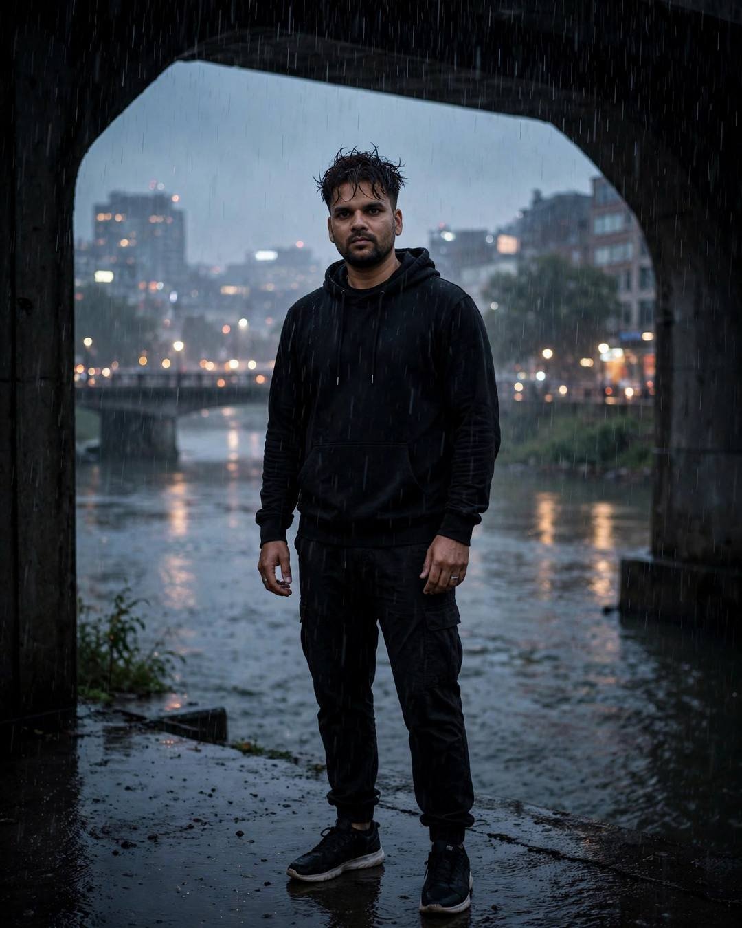 Man in black hoodie standing in a bridge archway at night in the rain
