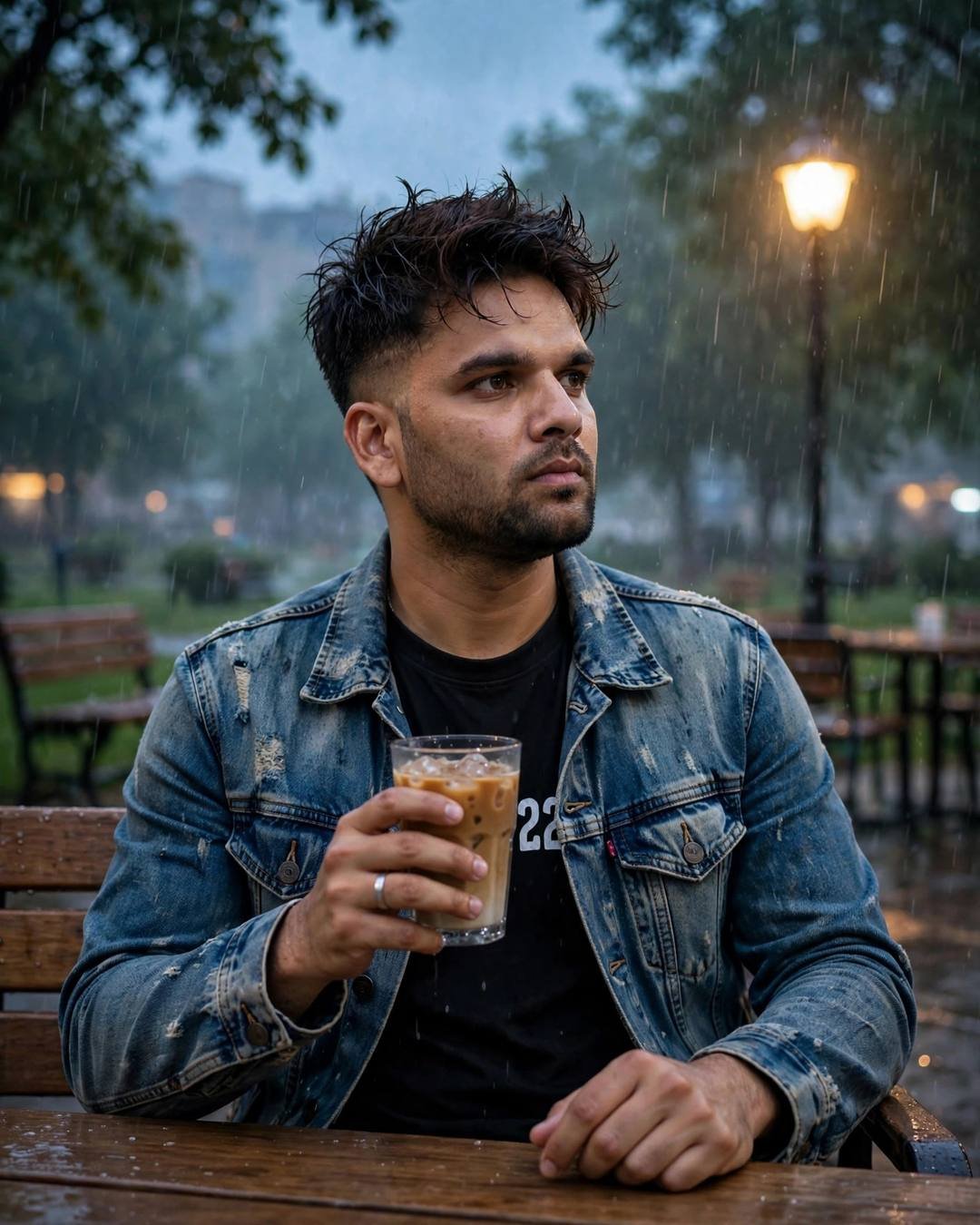 Man in denim jacket holding a cold coffee at a rainy park cafe at dusk