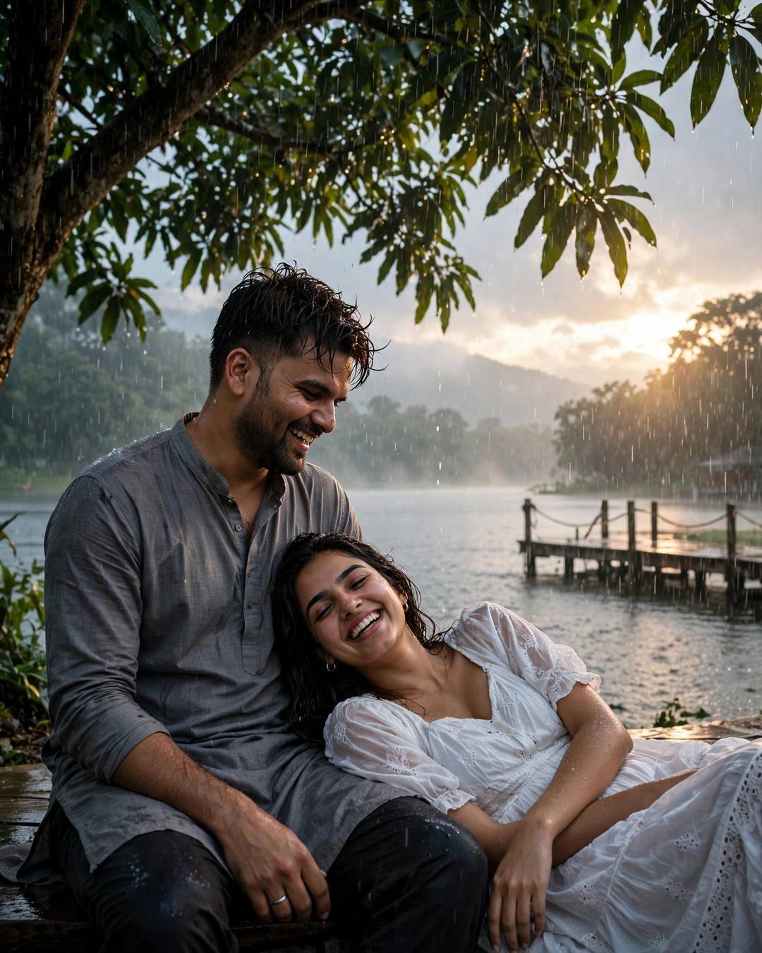Laughing couple seated together on a lake pier at dawn, golden backlight breaking through heavy monsoon rain