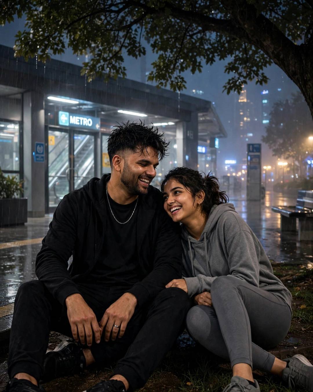 Laughing couple seated under a tree at a midnight metro station, rain falling through leaves, all-black streetwear and grey hoodie