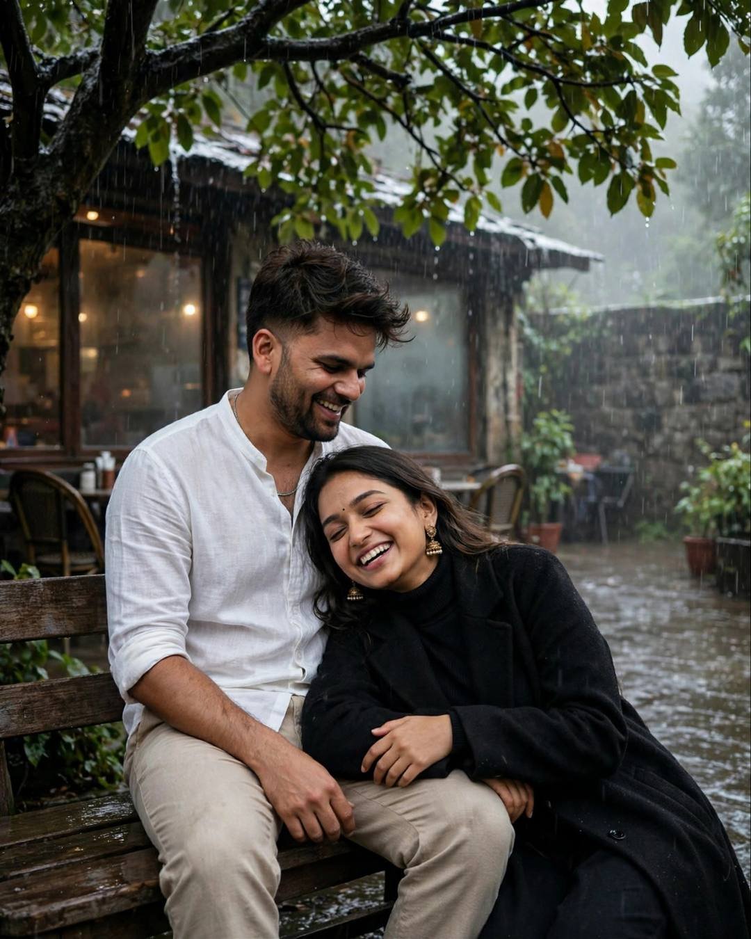 Laughing couple seated on a bench outside an old café in heavy monsoon rain, white linen shirt and black turtleneck