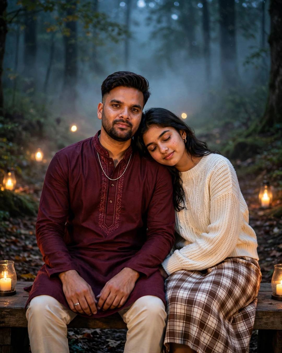 Couple seated on a bench on a misty forest path at night, candles glowing around them, her head resting on his shoulder